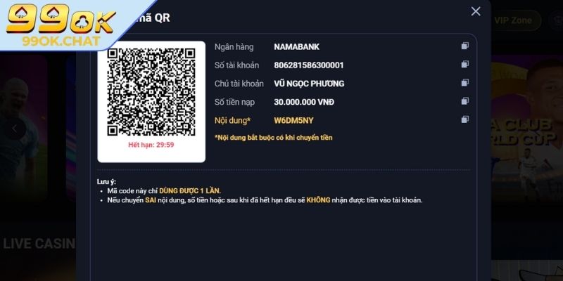 Quy trình nạp rút tiền 99OK khi gửi thực hiện gửi vốn
